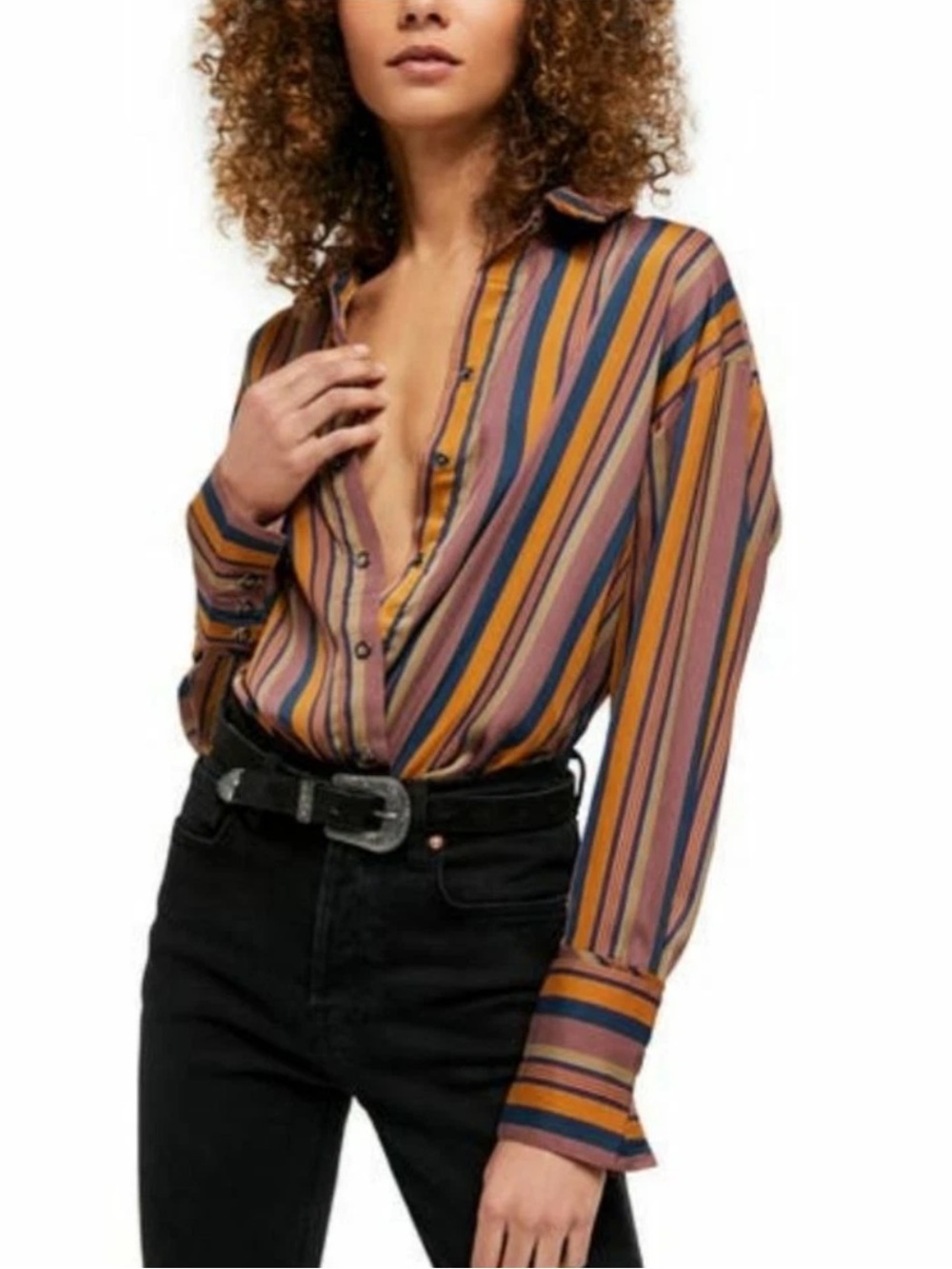 Free people We The Free All Smiles Satin Stripe Snap Button Blouse Shirt Large